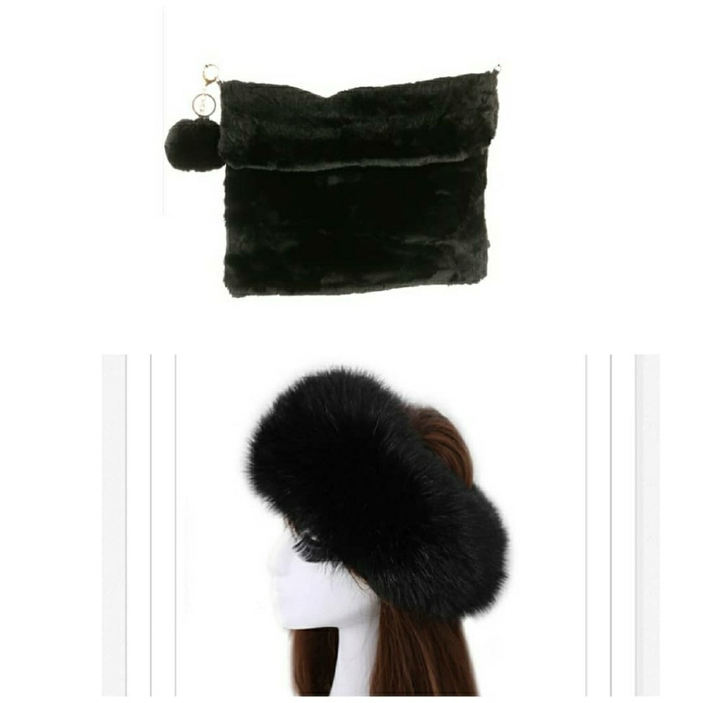 Fur Head Band & Fur Purse Set (Black)